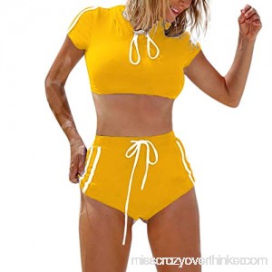 Alangbudu Women Rash Guard Short Sleeve Bathing Suits High Waist 2 Piece Sporty Board Shorts Bikini Yellow B07P1DHLSP